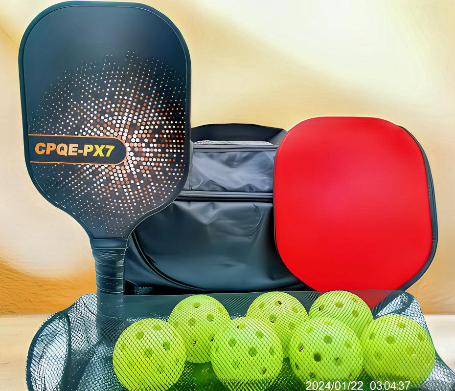 29.95 Pickleball Bundle with CPQE Gold Fiberglass Paddle, neoprene cover, 7 premium pickleballs, and black nylon bag.