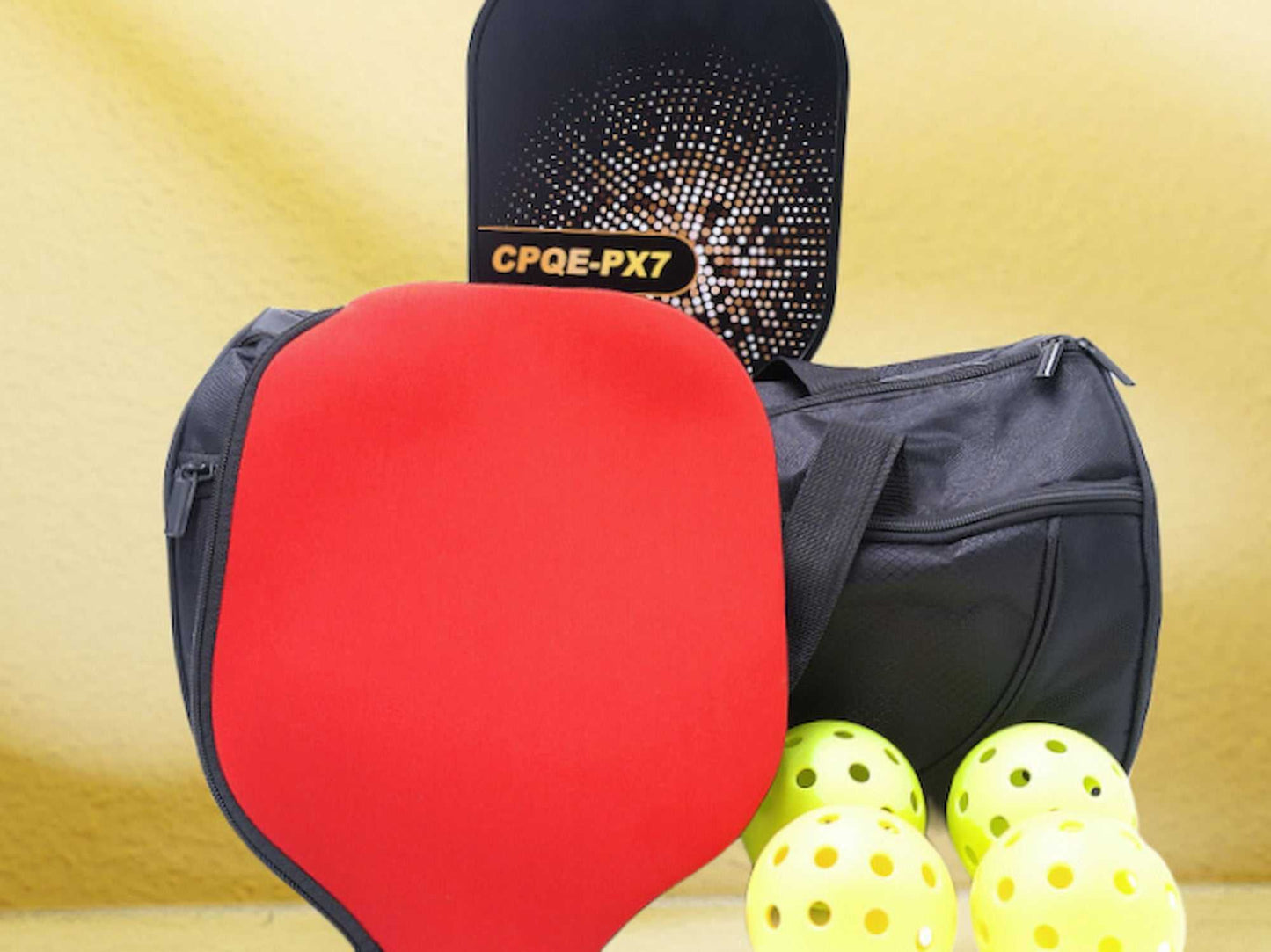 29.95 Pickleball Bundle with fiberglass paddle, neoprene cover, premium pickleballs, and equipment carry bag.