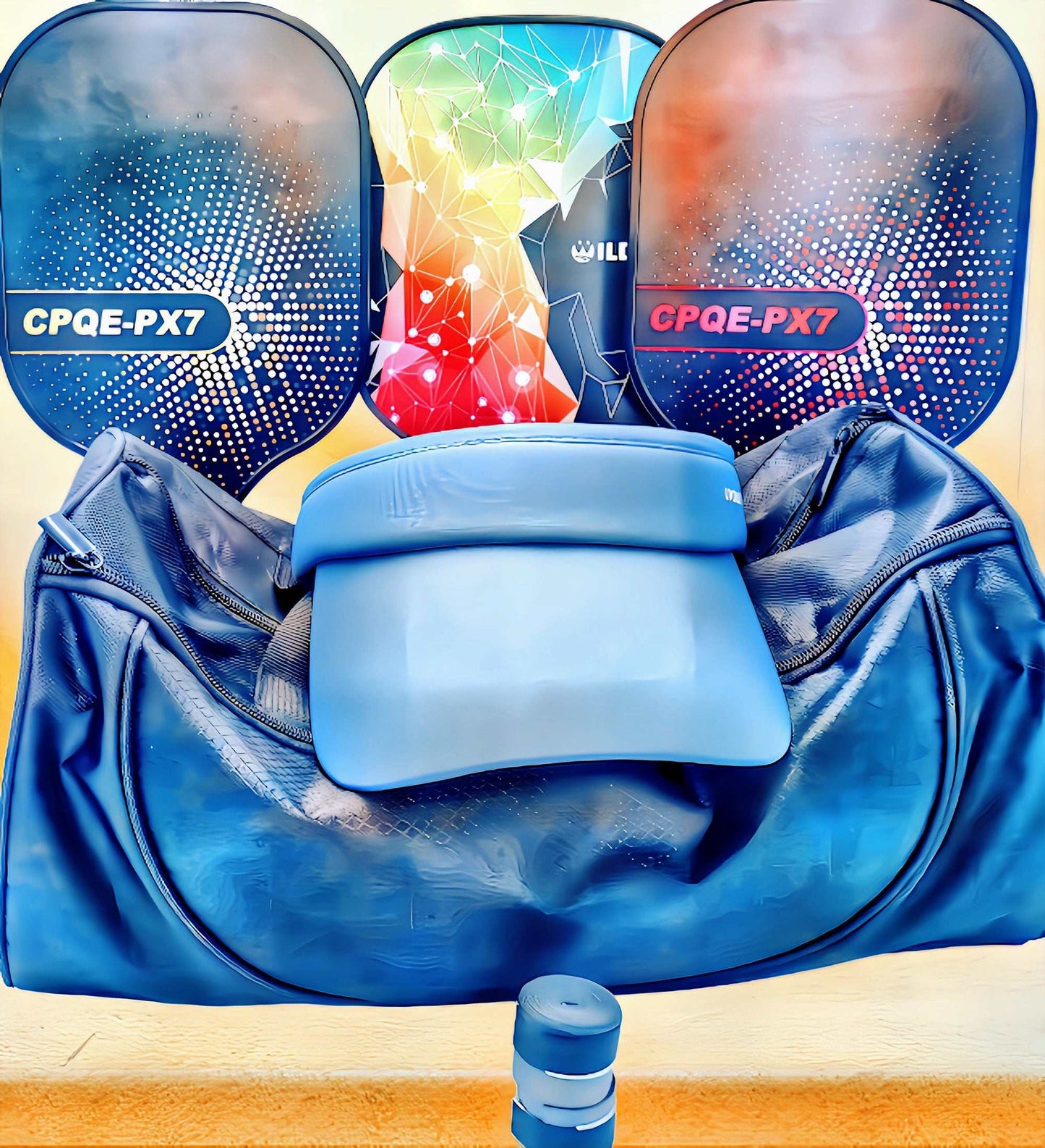 Pickleball set with three carbon fiber paddles, blue visor, and spacious nylon equipment bag for ultimate court performance.