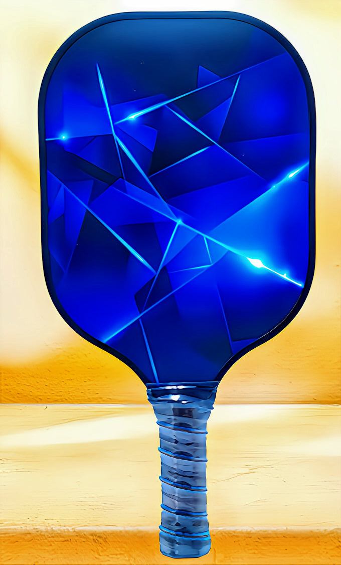 Fiberglass pickleball paddle with blue geometric design and textured grip.