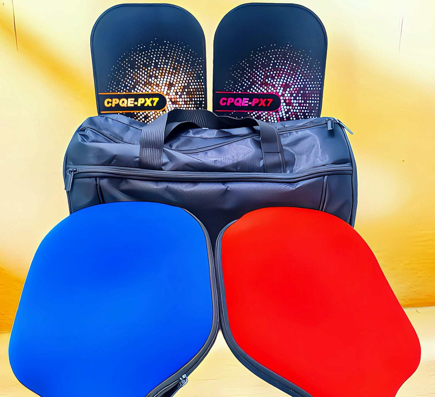 Custom USAPA approved pickleball paddle bundle with fiberglass paddles and neoprene covers, featuring a durable nylon equipment bag.