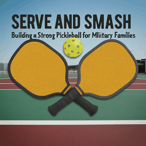 Pickleball paddles and ball on court; 'Serve and Smash' guide cover for military families.