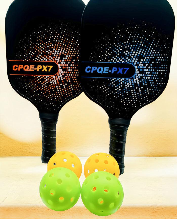 Complete pickleball paddle set with 2 fiberglass paddles and 4 balls, ideal for day and night play.