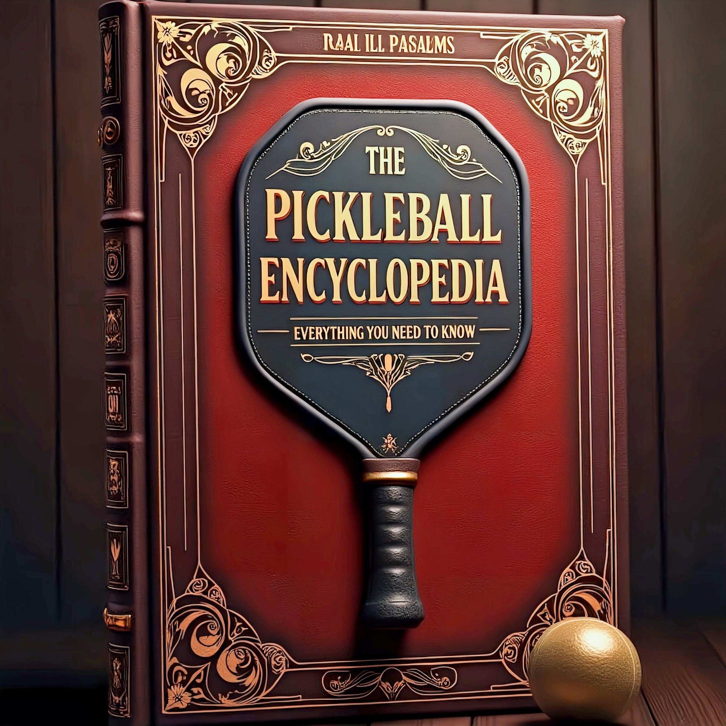 Pickleball Encyclopedia book cover with paddle design and decorative elements.