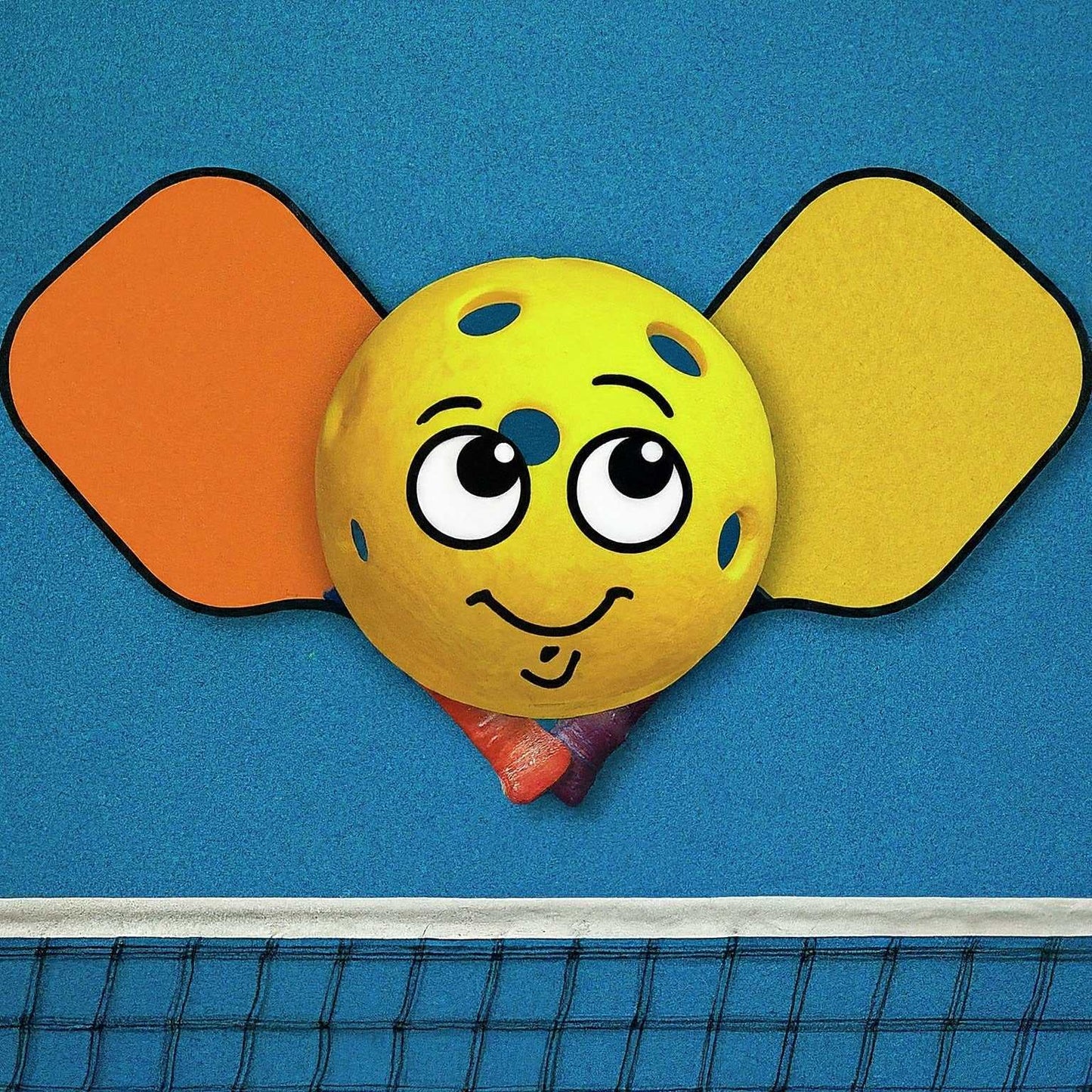 Cute pickleball character on court background with paddles, representing "Pickle Ball For Dummies®: A Beginner's Guide."