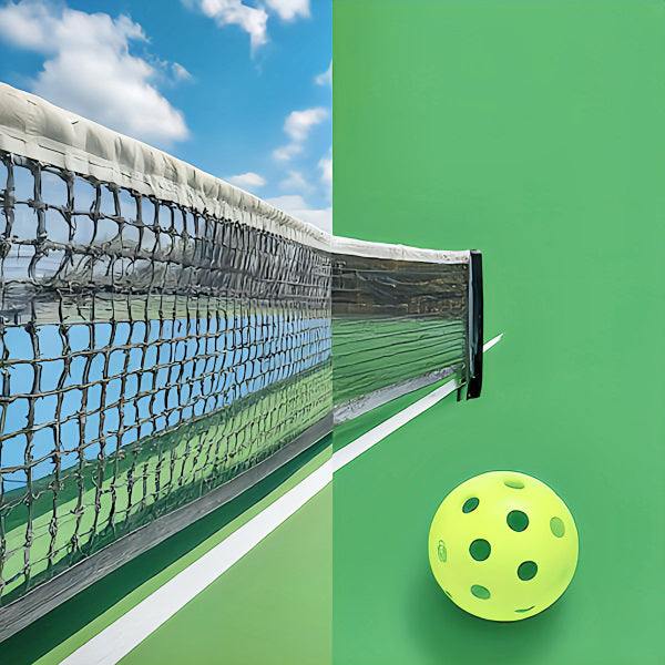 Pickleball court with net and ball, focusing on the best pickleball paddle guide for intermediate players.