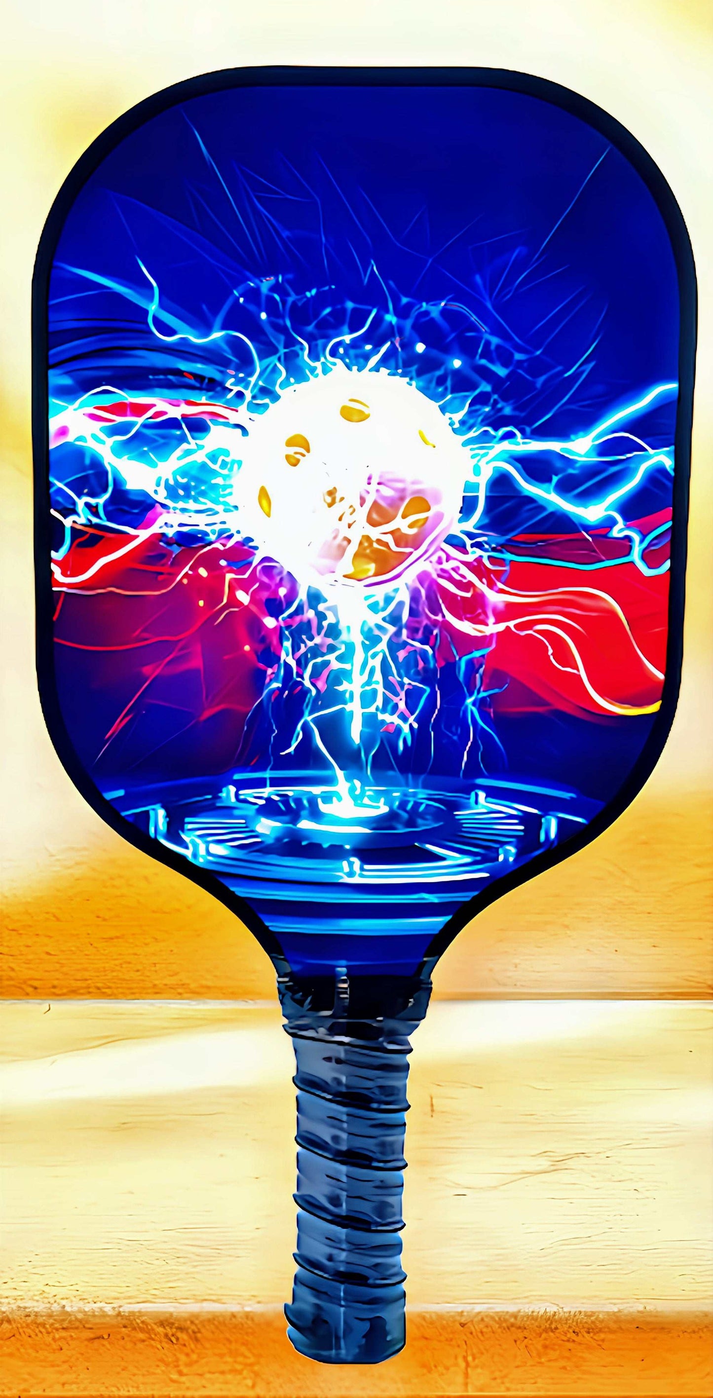 USAPA approved fiberglass pickleball paddle with a vibrant, electrifying design showcasing a pickleball amidst dynamic blues and reds.