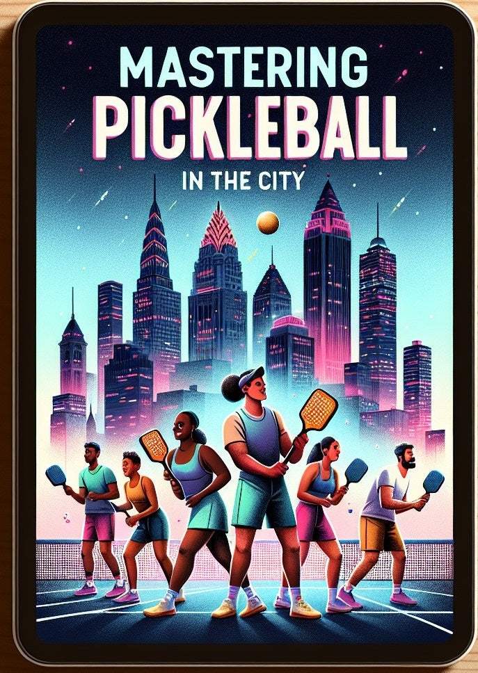 E-book cover of "Mastering Pickleball in the City" featuring diverse players on an urban court with a city skyline backdrop.