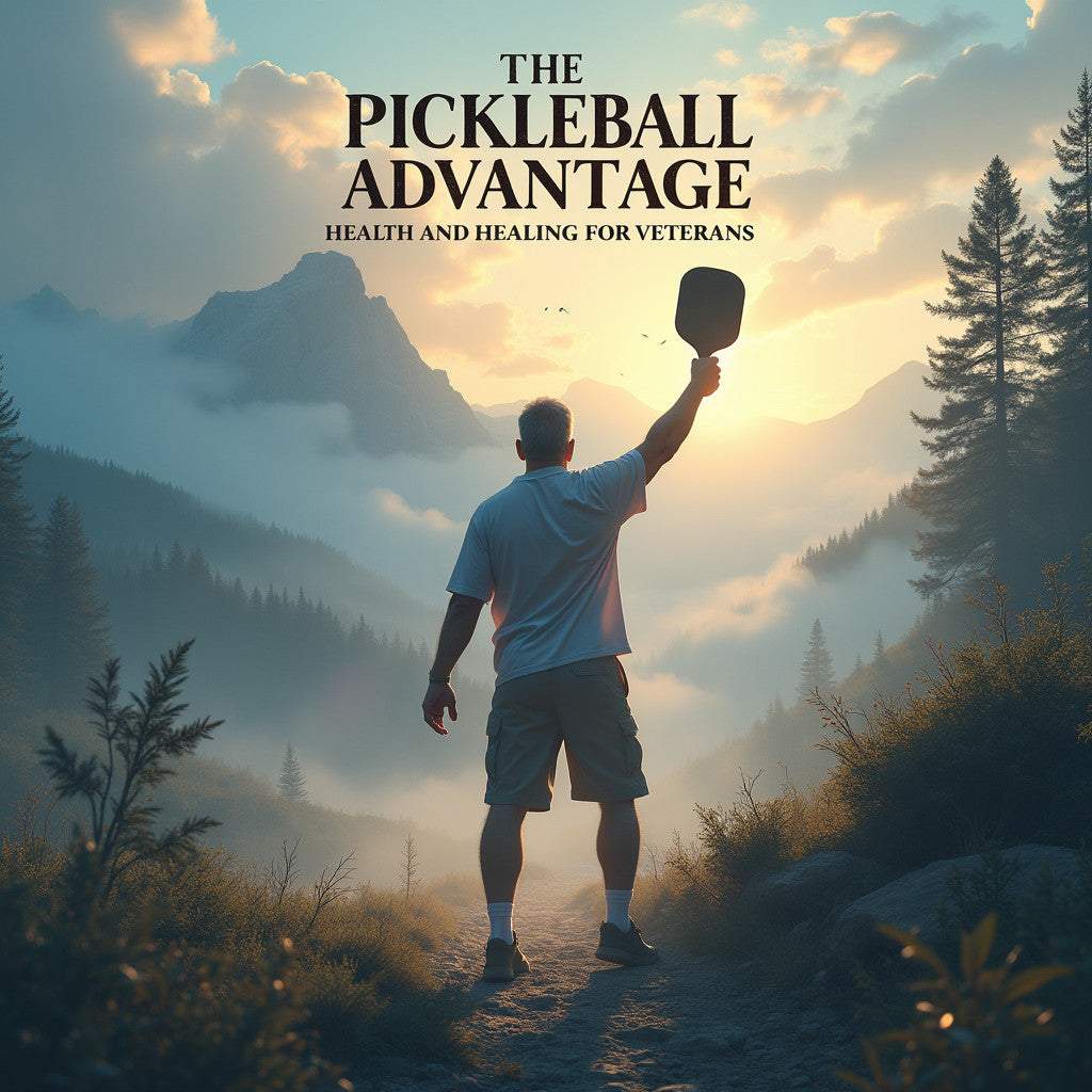 The Pickleball Advantage: Health and Healing for Veterans book cover with a person holding a paddle in a scenic mountain setting.
