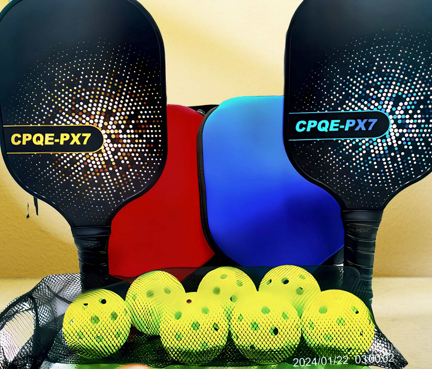 Complete pickleball set with CPQE paddles, balls, and protective covers.