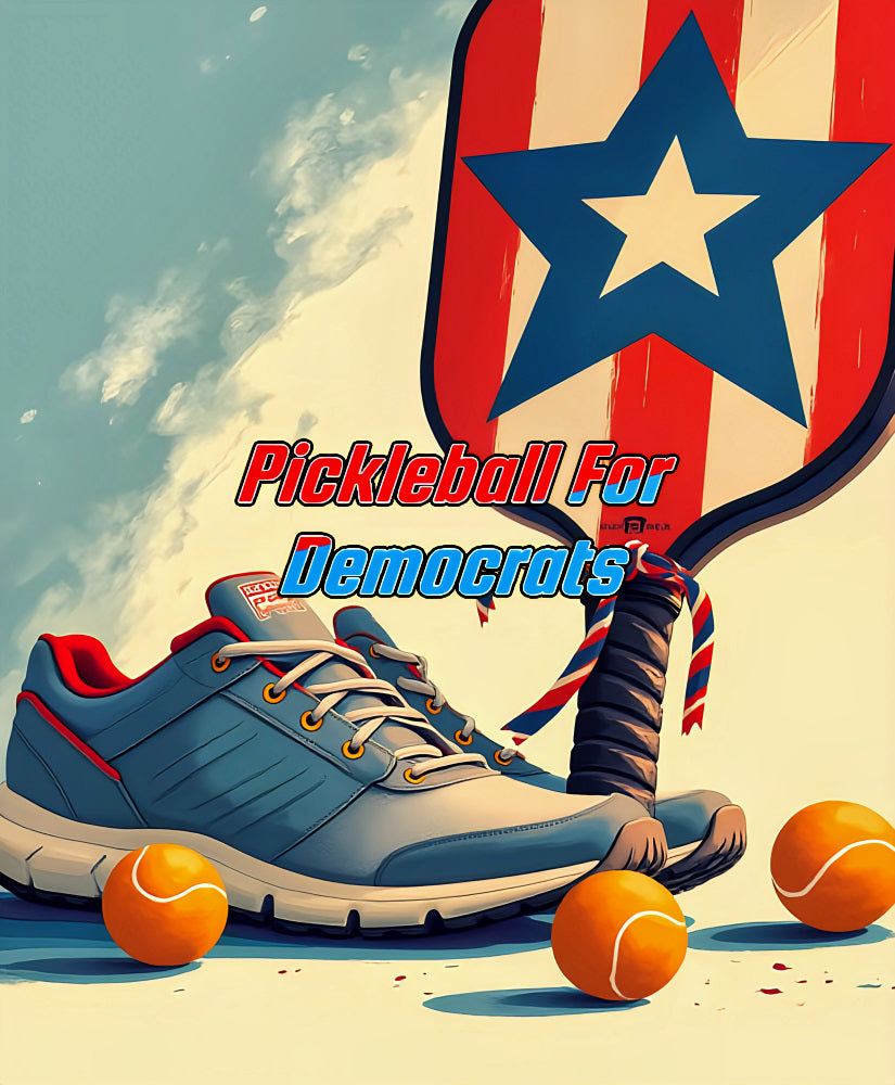 Pickleball For Democrats ebook cover with sports gear promoting social justice.