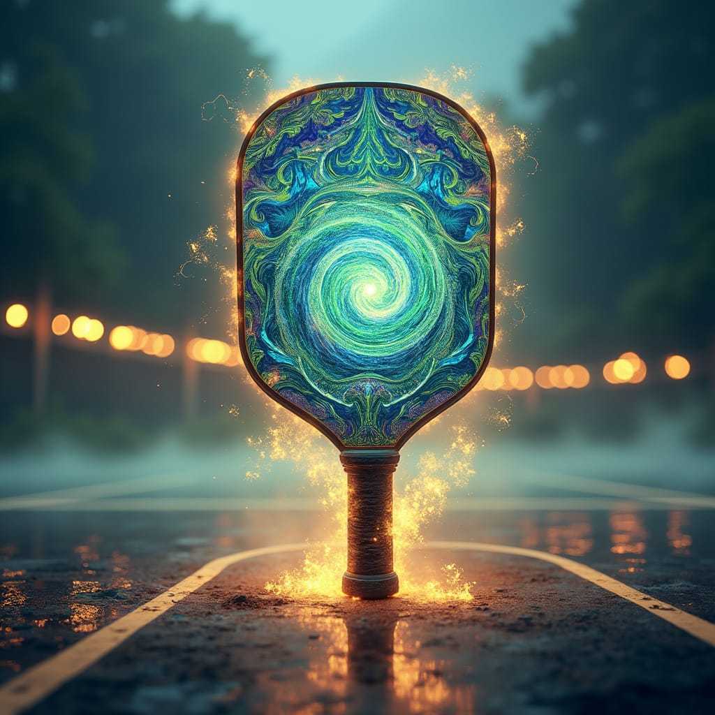 Pickleball paddle with swirling blue-green design on a vibrant court, symbolizing a complete training guide.