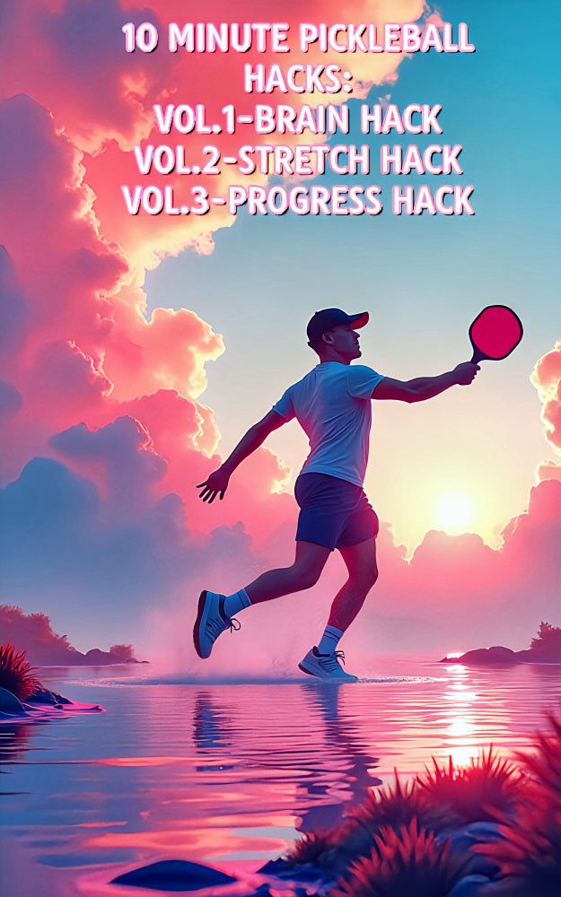 Stretch Pickleball player stretching on court, colorful sunset background.