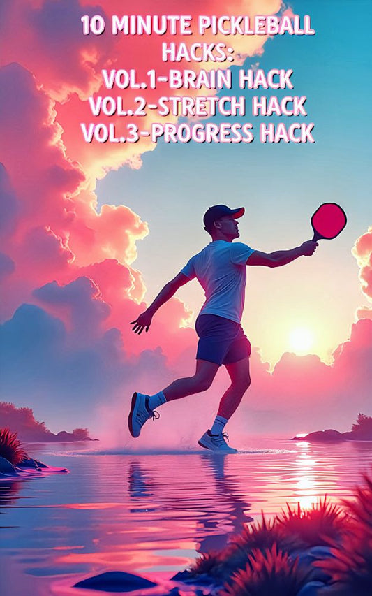 Pickleball player silhouette in vibrant sunset, promoting 10-minute brain hacks for game improvement.