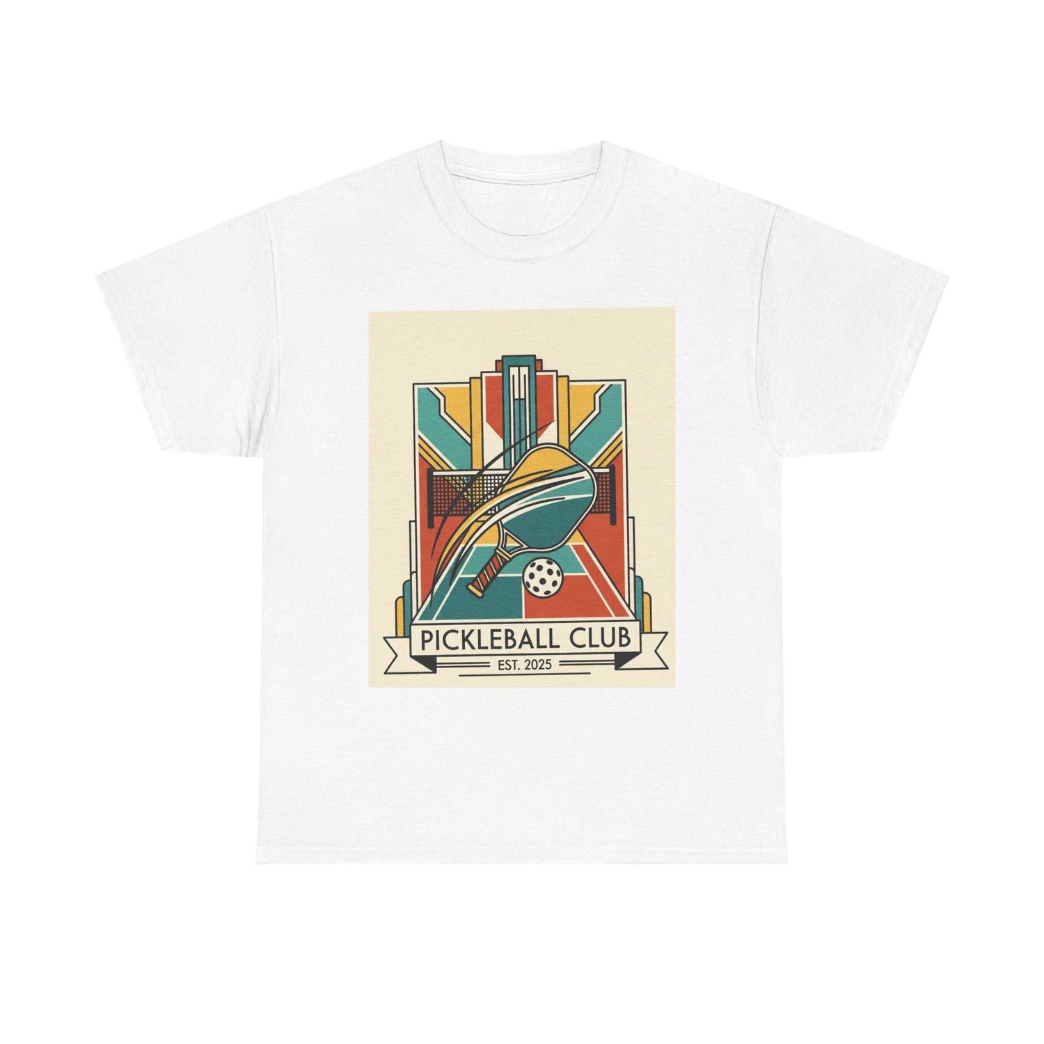 White unisex cotton t-shirt with retro pickleball club graphic design and vibrant summer vibes