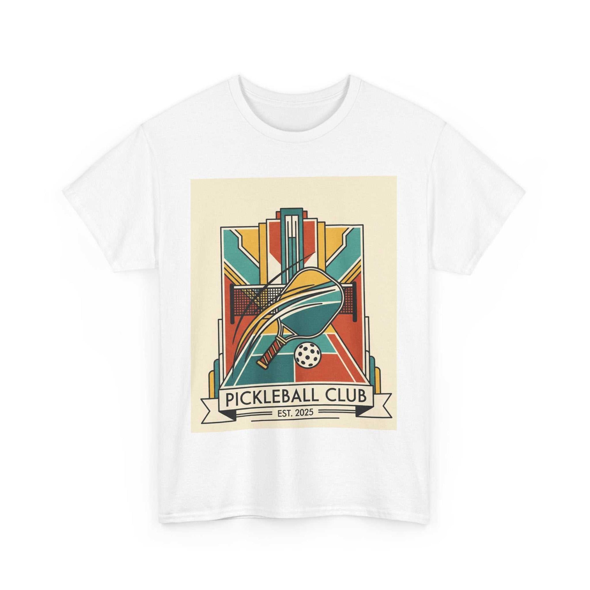 White unisex cotton t-shirt with retro pickleball club graphic and vintage style design.