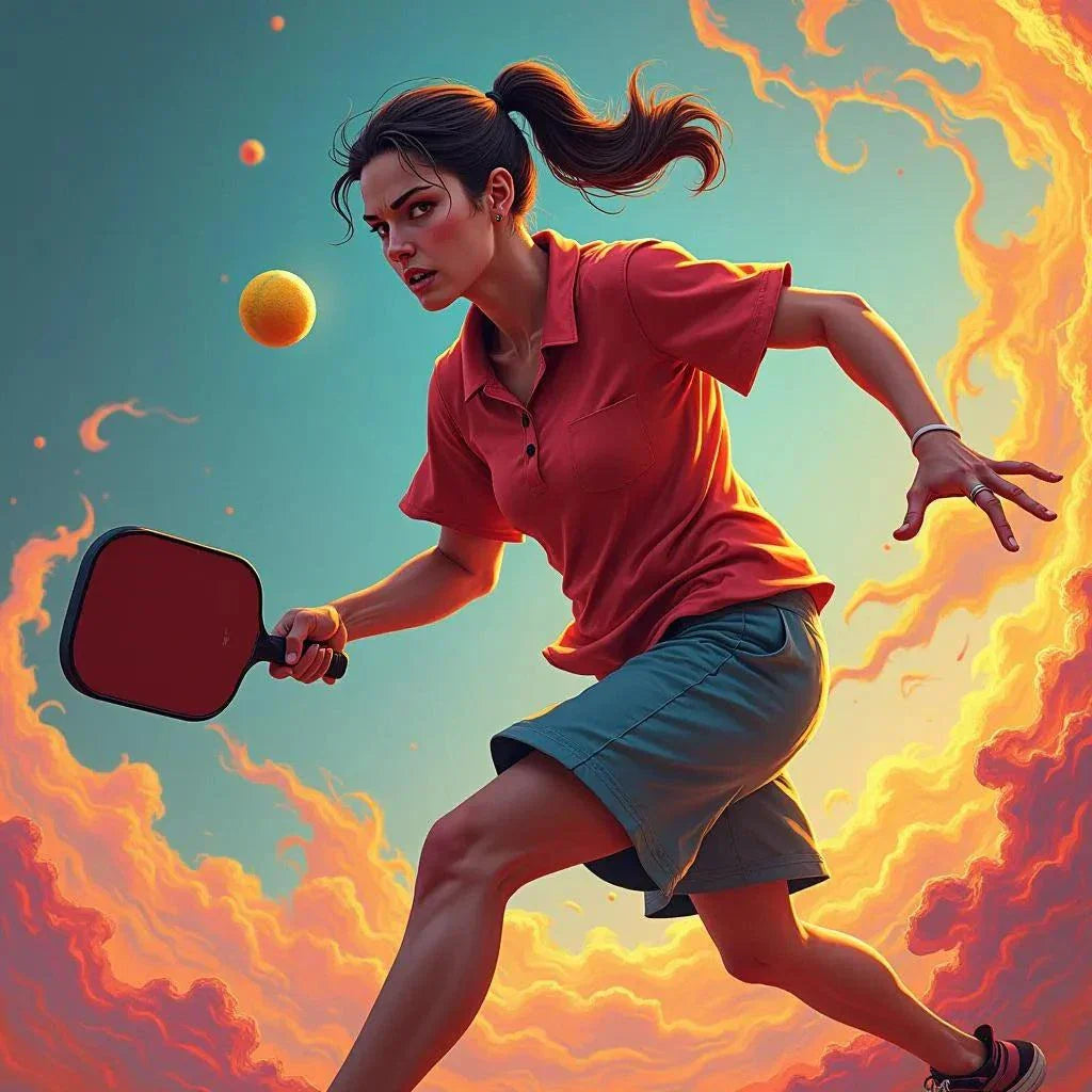 Person playing pickleball with intense focus against a fiery backdrop, emphasizing aggression in the sport.