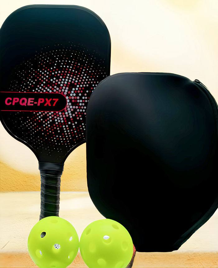 CPQE Pickleball Paddle Bundle #2 featuring Purple PX7 Fiberglass Paddle, black paddle cover, and pickleballs.