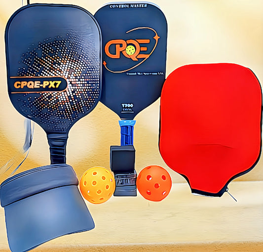 "Bundle E": Pickleball Complete Set: CPQE UniCore T700 Carbon Fiber Paddle, Carbon Fiber Paddle, Eraser, Grip Tape, Visor, Paddle Cover, Pickleballs