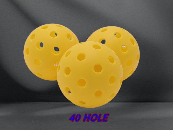 Yellow pickleball balls with 40 holes, designed for indoor play and superior flight stability.