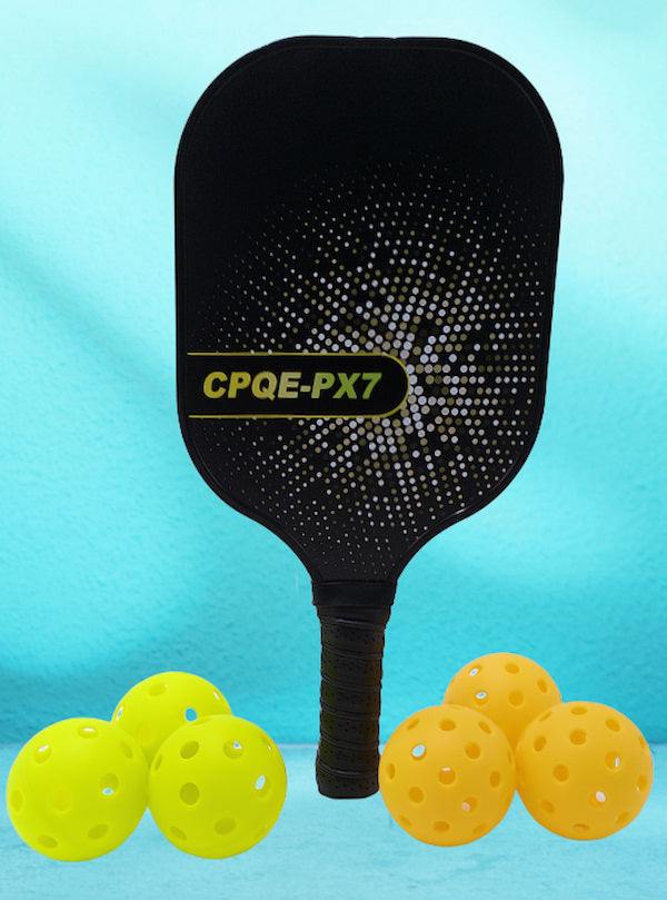 Pickleball paddle with CPQE branding and set of 26-hole and 40-hole pickleball balls in yellow and orange.