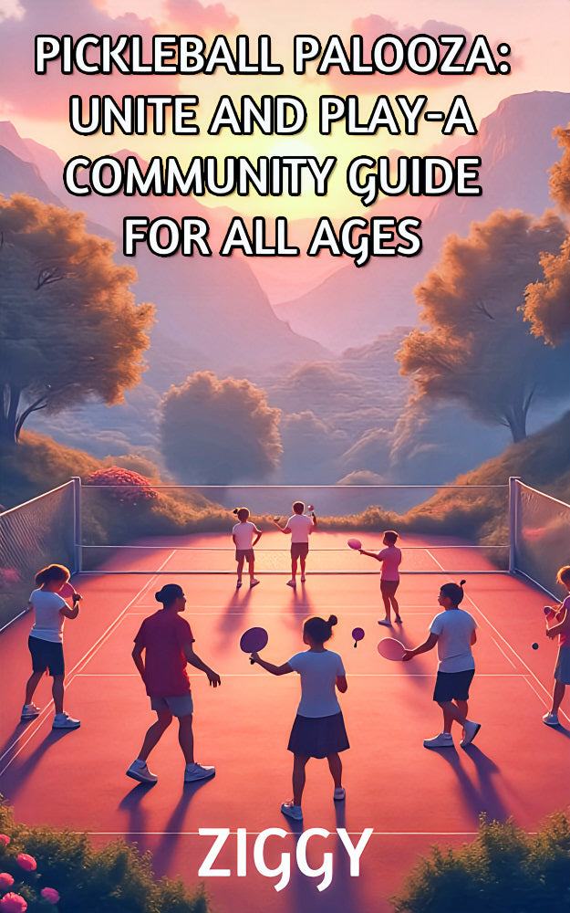 E-book cover for "Pickleball Palooza: Unite and Play - A Community Guide for All Ages" with a vibrant outdoor pickleball scene.