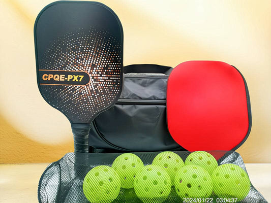 Pickleball set with CPQE-PX7 carbon fiber paddle, glowing balls, carry bag, and paddle cover.