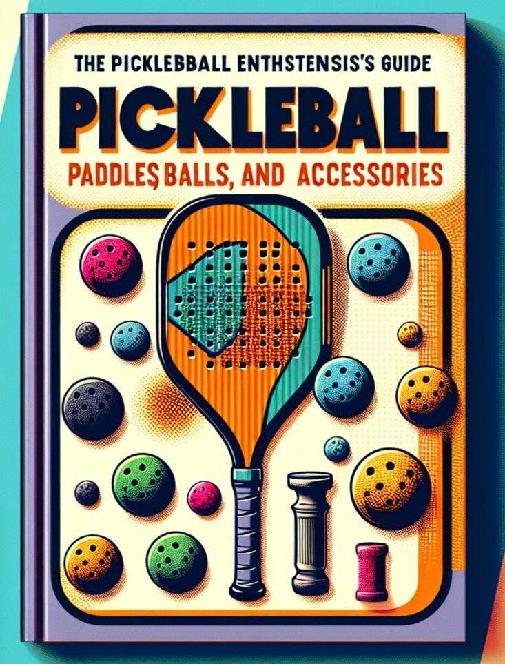 The Pickleball Enthusiast's Guide book cover featuring paddles, balls, and accessories.