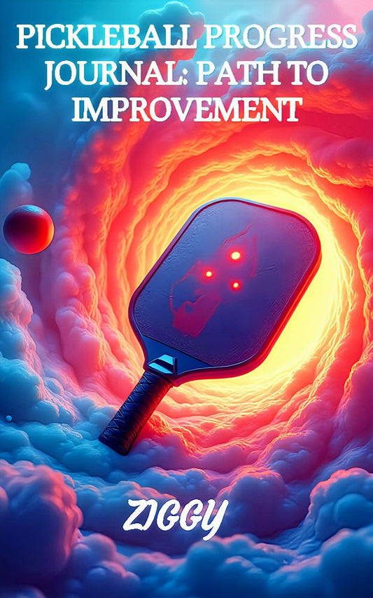 Pickleball Progress Journal cover with paddle and fiery background.