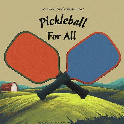 "Pickleball for All" guide cover featuring paddles, rural landscape.