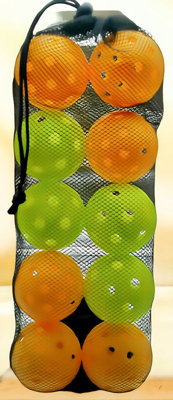 10 pickleball balls in a mesh bag with orange and green colors, ideal for high-performance play.