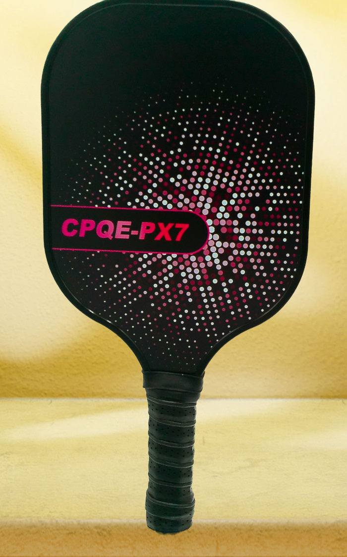 CPQE PX7 purple fiberglass pickleball paddle with textured face and ergonomic grip.