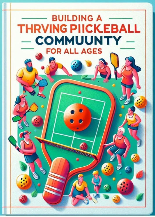 Ebook cover for "Building a Thriving Pickleball Community for All Ages" featuring diverse players and colorful pickleball elements.