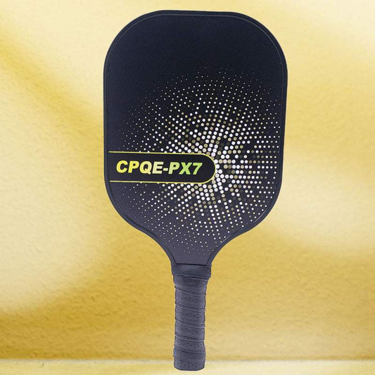 CPQE PX7 Yellow Honeycomb Pickleball Paddle for Beginners on a yellow background.