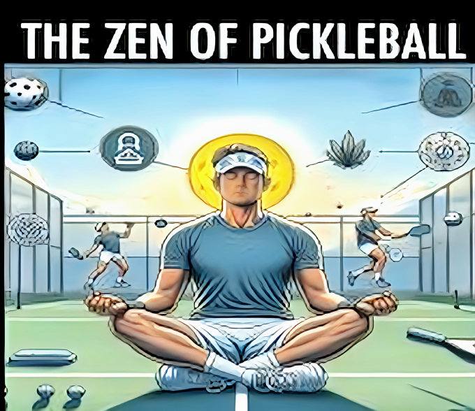 Book cover of "The Zen of Pickleball," depicting a player in meditation on the court, symbolizing mindfulness and focus in the game.